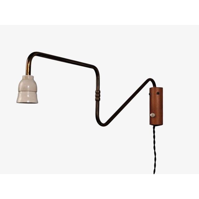 Danish Modern, Articulating Wall Sconce, Brass, Beech Wood, Denmark, 1940s For Sale - Image 9 of 13