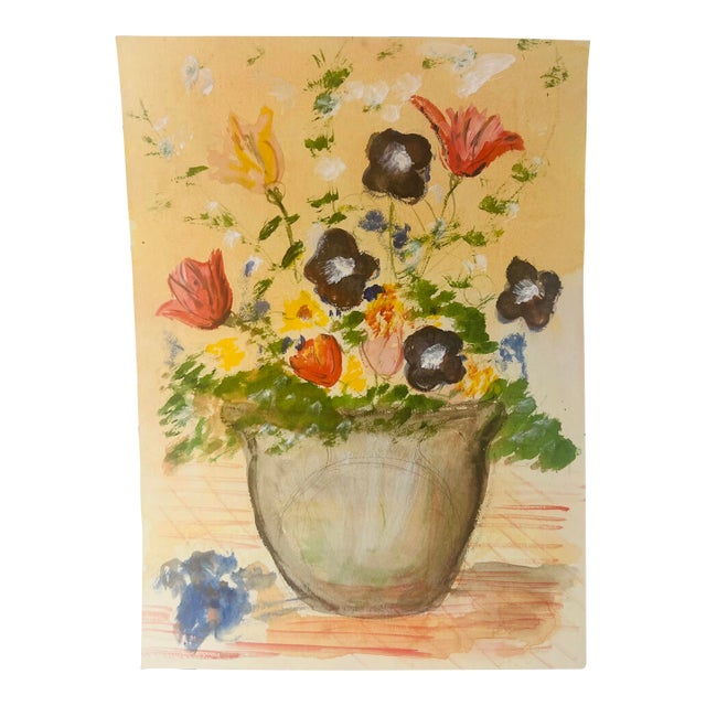 Vintage Parisian Watercolor Vase of Flowers Sketch - Student Drawn For Sale