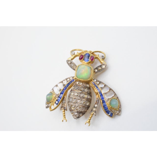 Metal Mid 20th Century Vermeil Lighting Bug Brooch With Diamonds, Sapphires, Opals, Moonstones, and Rubies For Sale - Image 7 of 14