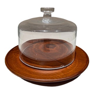 Modern Cheese Server Cloche Teak Base Clear Glass Dome Mid Century Modern For Sale