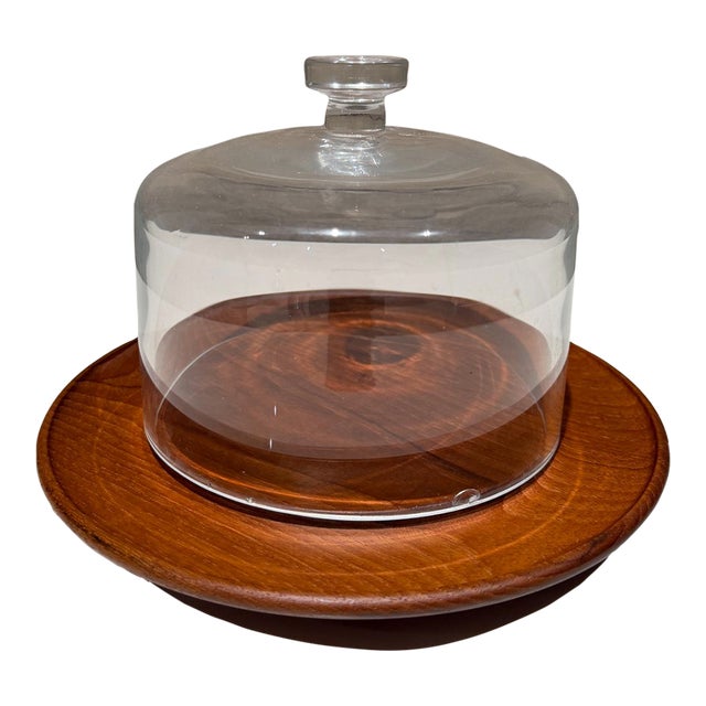 Modern Cheese Server Cloche Teak Base Clear Glass Dome Mid Century Modern For Sale