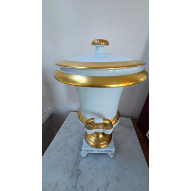 Ceramic Vintage Belgian Cerabel Baudour White and Gold Empire-Style Covered Porcelain Urn For Sale - Image 7 of 18