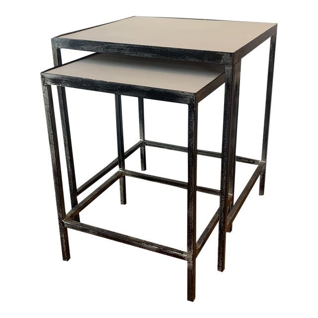 Modern Industrial Style Oly Studio Steel and Cream Leather Nesting Tables For Sale