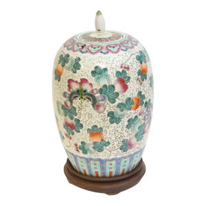 Mid 20th Century Oriental Ceramic Floral Vase With Wooden Base