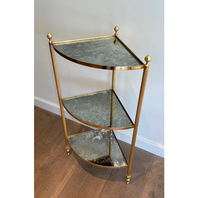 Bronze Pair of Gold Metal Corner Side Tables With Elongated Mirrored Shelves. French Work For Sale - Image 8 of 12