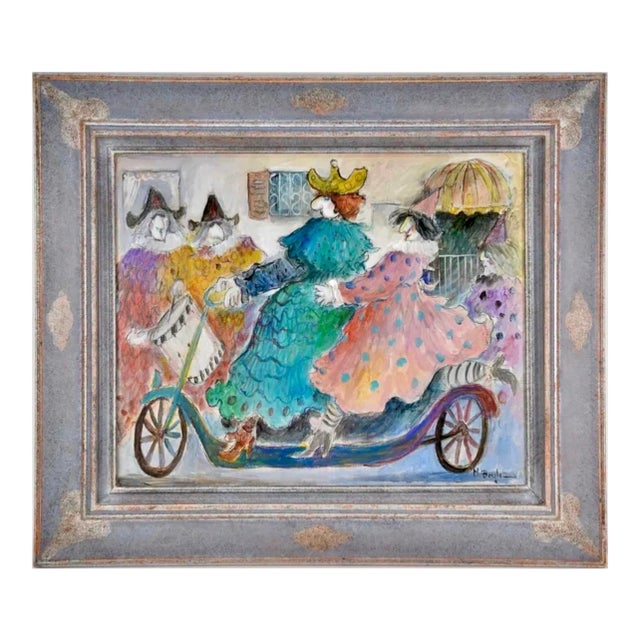 Michel BouletCharming French Naive Art, Clowns on Bicycle Michel Boulet Folk Art Oil Painting For Sale