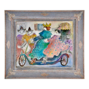 Michel BouletCharming French Naive Art, Clowns on Bicycle Michel Boulet Folk Art Oil Painting