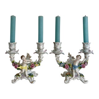 Antique Pair of Sitzendorf German Porcelain Candelabras For Sale