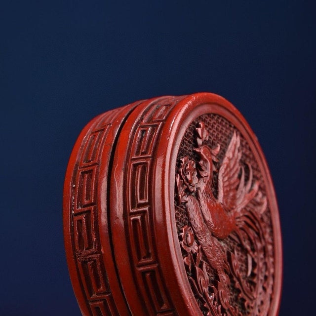 Paint Chinoiserie Round Lacquer Trinket Box, Phoenix Bird Relief Carving, Curio Cabinet Decor For Sale - Image 7 of 9