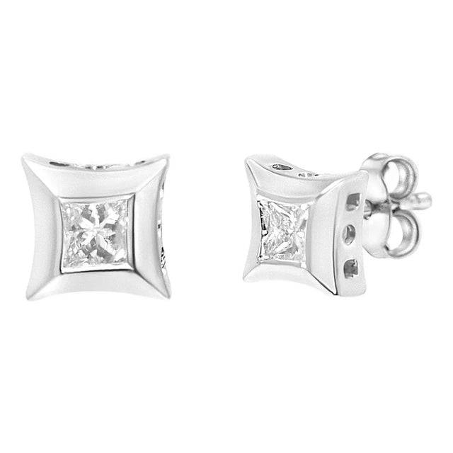 Sterling Silver 1/3 Cttw Princess Cut Diamond Square Stud Earrings For Sale