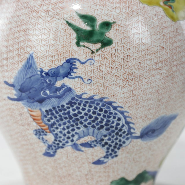 Pair of Chinese Late Qing Dynasty, Jingdezhen Kiln, Famille Verte Covered Jar With Kirin and Phoenix on Iron-Red Brocade Ground For Sale - Image 14 of 16
