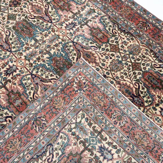 1960s Vintage Turkish Isparta Rug 6'6" X 10'2" Hand-Knotted Wool, Ivory Teal Rust All-Over Palmette & Cypress Tree Design For Sale - Image 5 of 6