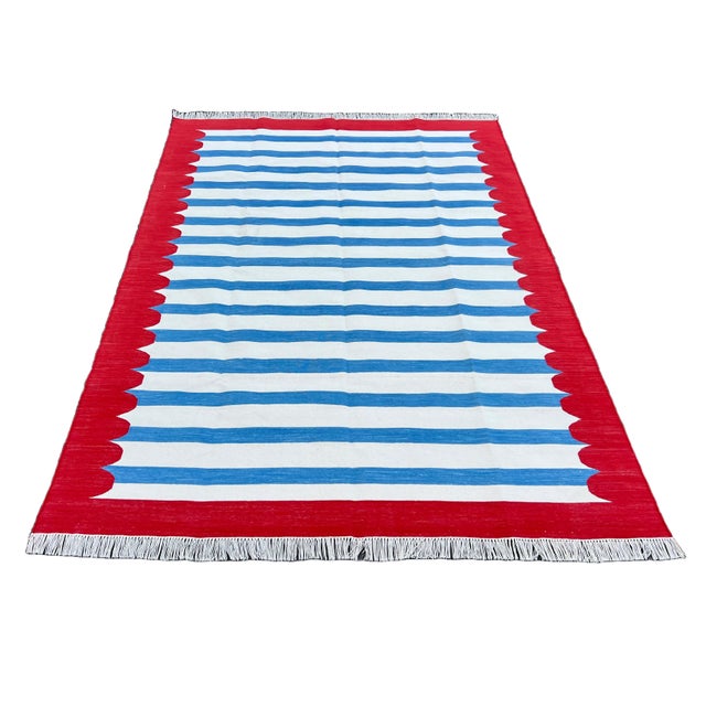 Mid-Century Modern Handmade Cotton Area Rug, Blue and White Striped Scalloped Rug With Red Border - 3'x5' For Sale - Image 3 of 13