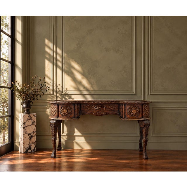 Vintage Ornately Carved Wood Console Table With Basket-Weave Detailing For Sale - Image 4 of 10