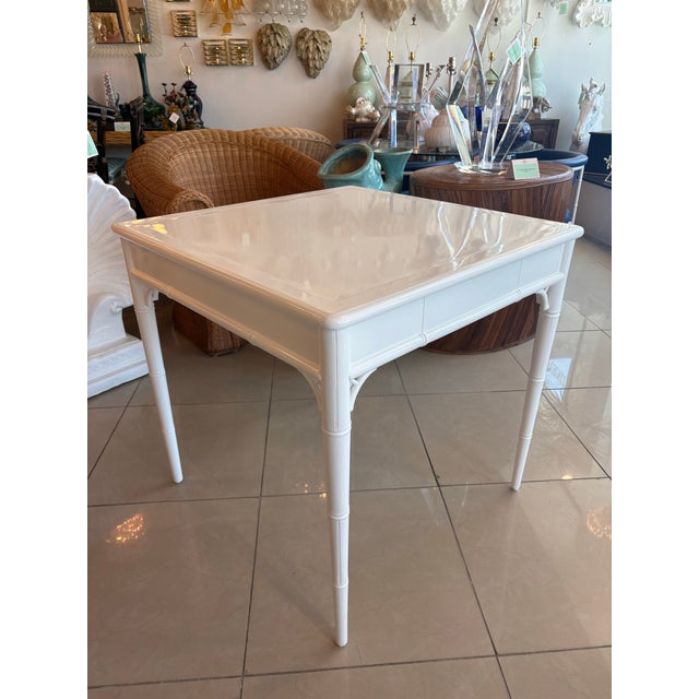 1970s Vintage Palm Beach White Newly Lacquered Faux Bamboo Fret Game Table Two Drawers For Sale - Image 5 of 11