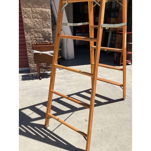 Vintage Wooden Painter’s Step Ladder With Folding Paint Shelf – Solid Wood – Rustic Farmhouse Decor For Sale In San Diego - Image 6 of 16