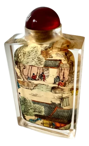 Reverse Painted Hand Carved Chinese Snuff, by, Zhanghe, with Glass Stoppers
