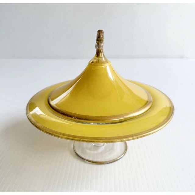 Art Deco Early 20th Century Art Deco Glass Pedestal Compote or Candy Dish Yellow With Gold Trim, Fleur-De-Lis Handle For Sale - Image 3 of 16