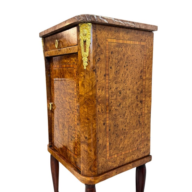 Antique French Empire Cabinet in Burl Walnut with Pink Marble Top and Gilt Bronze Decoration, France, 1900s For Sale - Image 5 of 9