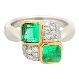 Emerald Diamond Platinum & 18k Yellow Gold Ring, Size 6 For Sale