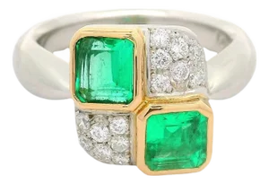 Emerald Diamond Platinum & 18k Yellow Gold Ring, Size 6