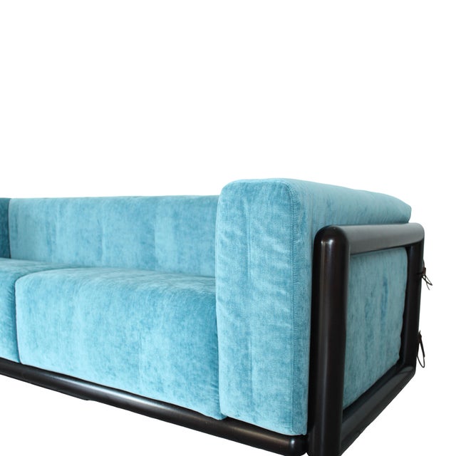 Iroko Cornaro Sofa in Wood and Azure Velvet by Carlo Scarpa for Studio Simon, 1974 For Sale - Image 16 of 18