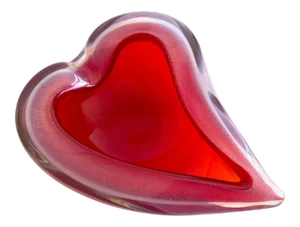 Vintage Mid Century Modern Flavio Poli Seguso Murano Art Glass Opaline Gold Fleck Red Heart Sommerso Bowl