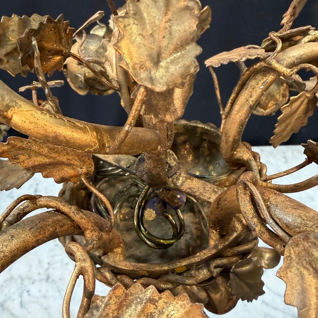 French Antique Scrolling Vines French Gold Tole Chandelier With Original Gilding For Sale - Image 3 of 10