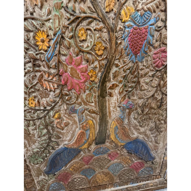 Mid-Century Modern Hand-Carved Tree of Life Peacock Floral Wall Panel Relief Art Décor For Sale - Image 3 of 9