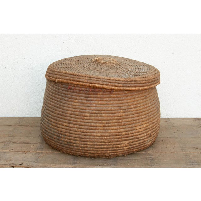 Earth Tone Antique Storage Basket With Lid For Sale In Los Angeles - Image 6 of 9