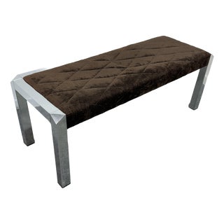 Italian Bench in Chromed Metal and Brown Velvet, 1980 For Sale