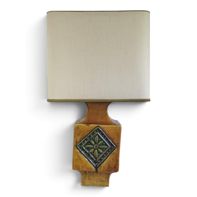 Mustard Yellow Glazed Ceramic Lamp with Floral Diamond Pattern, Vallauris, France, 1960s For Sale - Image 3 of 13