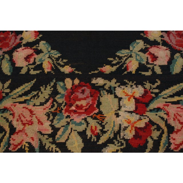1950s Vintage Bessarabian Kilim Black Green and Pink Romanian Wool Flat Weave Rug For Sale - Image 5 of 6