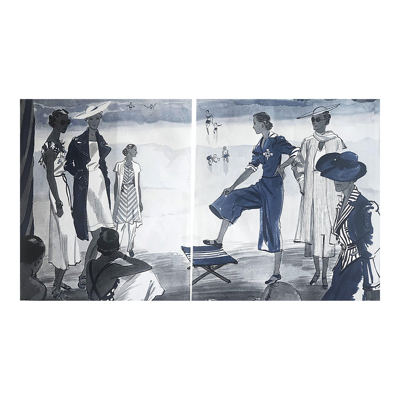 1936 Set of 2 French Beach Art Deco Fashion Prints- Chanel | Chairish