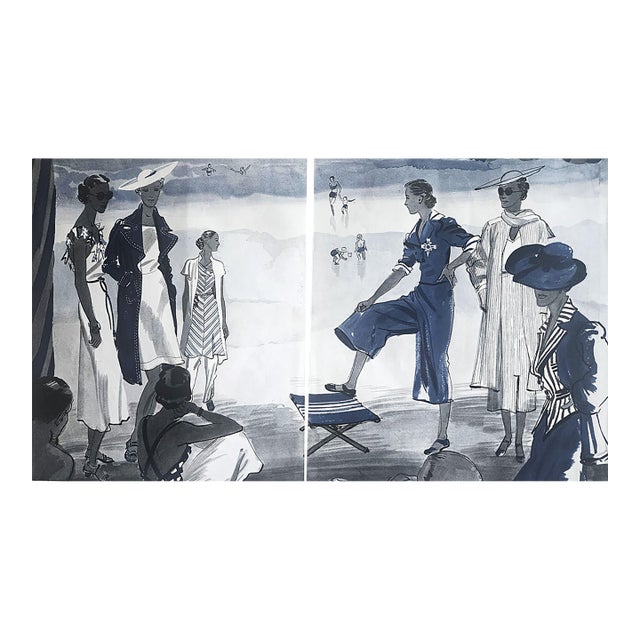 1936 Set of 2 French Beach Art Deco Fashion Prints- Chanel For Sale