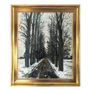 Mid-Century Modern 'Winter Pathway' Swedish Expressive Landscape Oil Painting, Framed