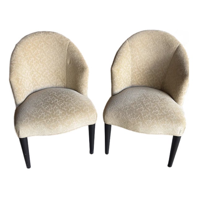 Pair of Donghia Shadow Arm Chairs Upholstered Fabric in Neutral Tan/Gold Subtle Leaf Pattern For Sale