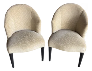 Pair of Donghia Shadow Arm Chairs Upholstered Fabric in Neutral Tan/Gold Subtle Leaf Pattern