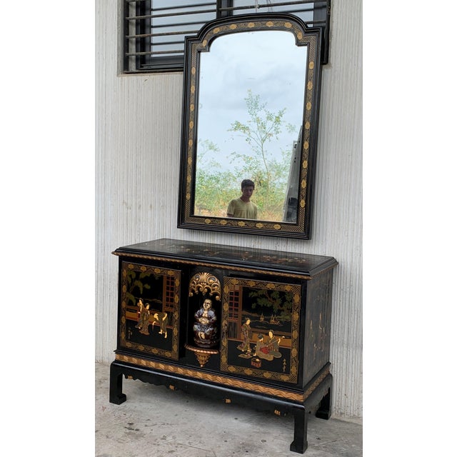 Early 20th Century Black Lacquer & Hand Painted Open Altar Table or Sideboard with Mirror For Sale - Image 16 of 18
