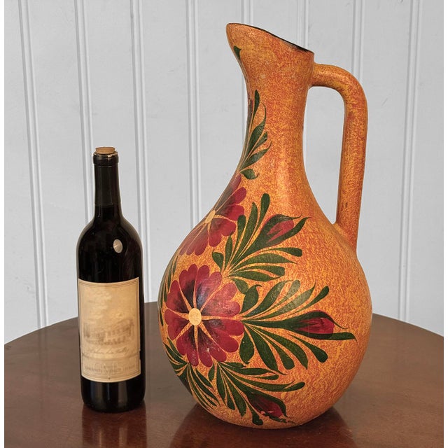 - Original Tonala Mexican Pottery Pitcher - Stands 18" - Attractive Bloated Hull with Heavily Decorated Floral Motif -...