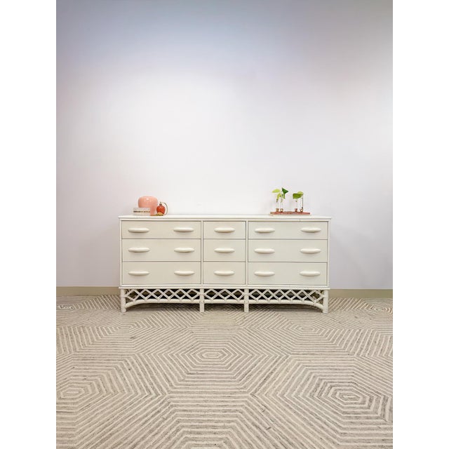 White Vintage White Rattan 9-Drawer Dresser Old Florida Ficks Reed Style MCM Coastal For Sale - Image 8 of 14