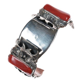 7" Native American Sterling Mediterranean Coral Watch Cuff For Sale