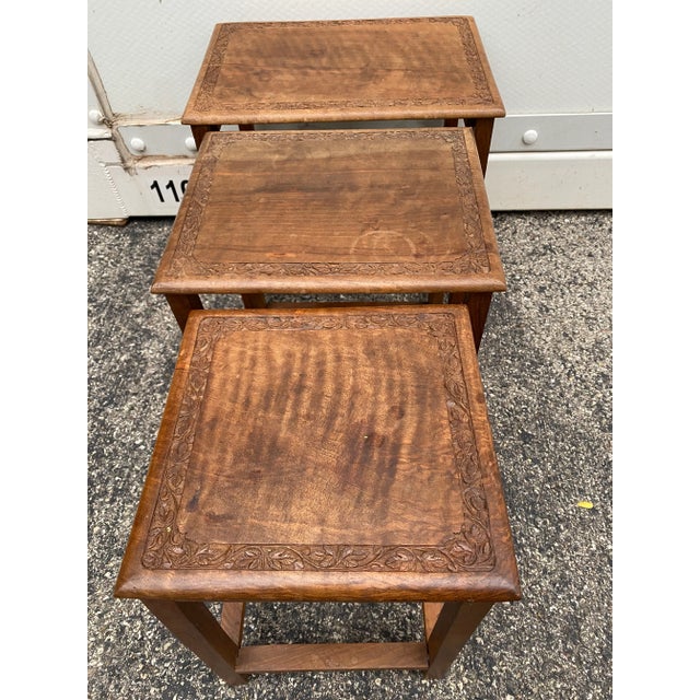 Contemporary 20th Century Boho Chic Carved Solid Wood Nesting Tables - Set of 3 For Sale - Image 3 of 6
