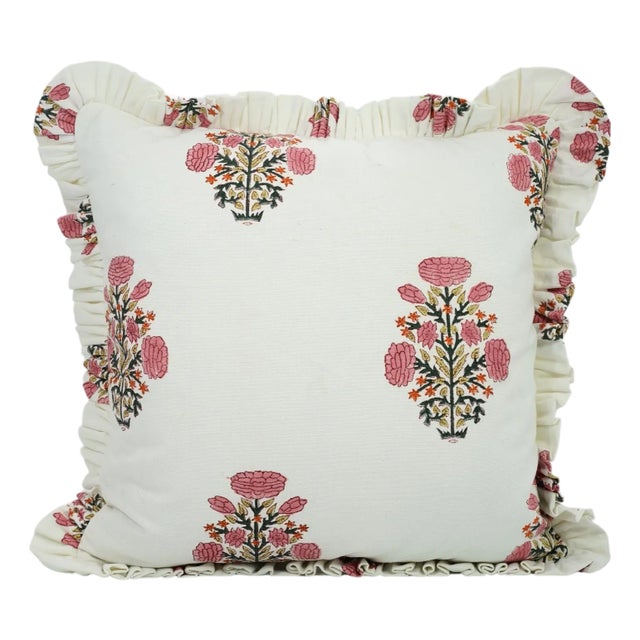 Fabdivine Artisan Block Print Throw Frill Pillow Cover Pink 20x20 Inch Thick Cotton White- Swadesh For Sale