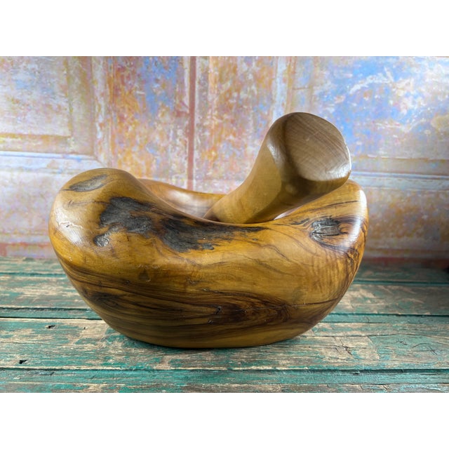 Brutalist Large Sculptural Olive Wood Mortar and Pestle by Jean-Paul Brin, Vallauris, France, 1990s, Set of 2 For Sale - Image 3 of 10