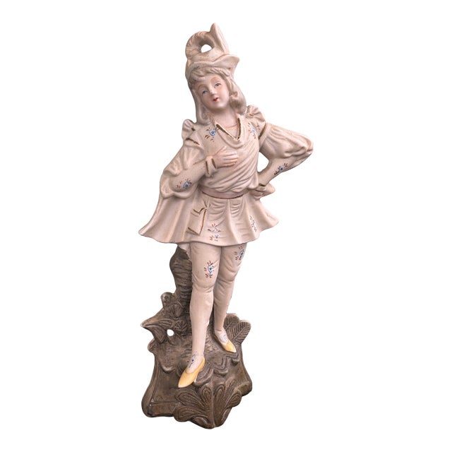 Vintage Hand-Painted Fern Japan Porcelain Figure – Victorian-Style Youth on Tree Stump 8.75” For Sale