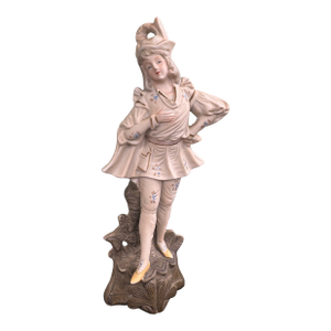 Vintage Hand-Painted Fern Japan Porcelain Figure – Victorian-Style Youth on Tree Stump 8.75”