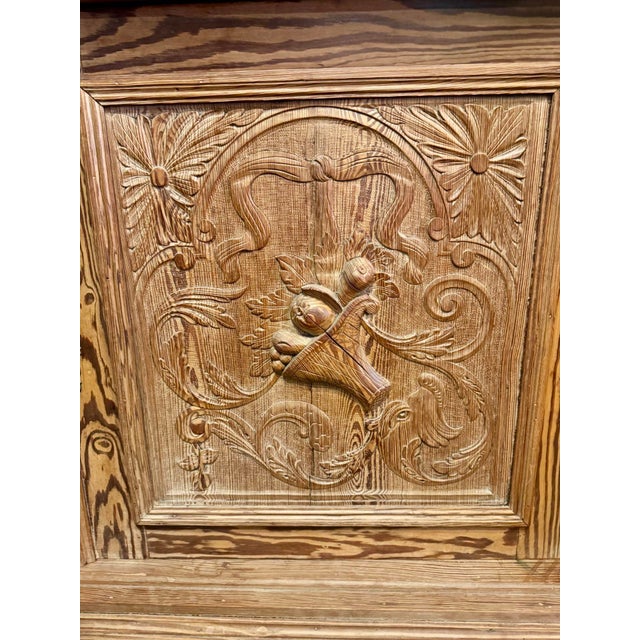 Beautiful 19th Century Pitch Pine Double Buffet With Hand Carved Motifs and Brass Hardware For Sale - Image 9 of 12