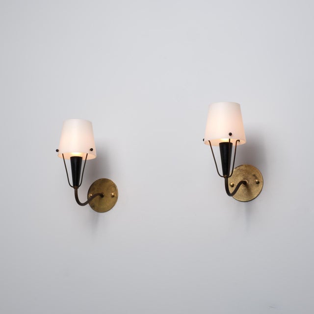Black Vintage Italian Wall Sconces in Brass and Opaline Glass, 1950s, Set of 2 For Sale - Image 8 of 9