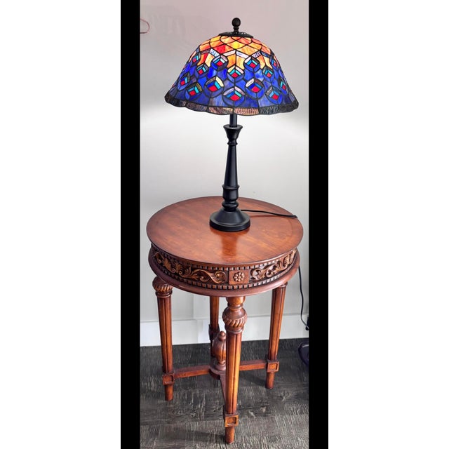 Authentic Tiffany Stained Glass Peacock Table Lamp Bronze